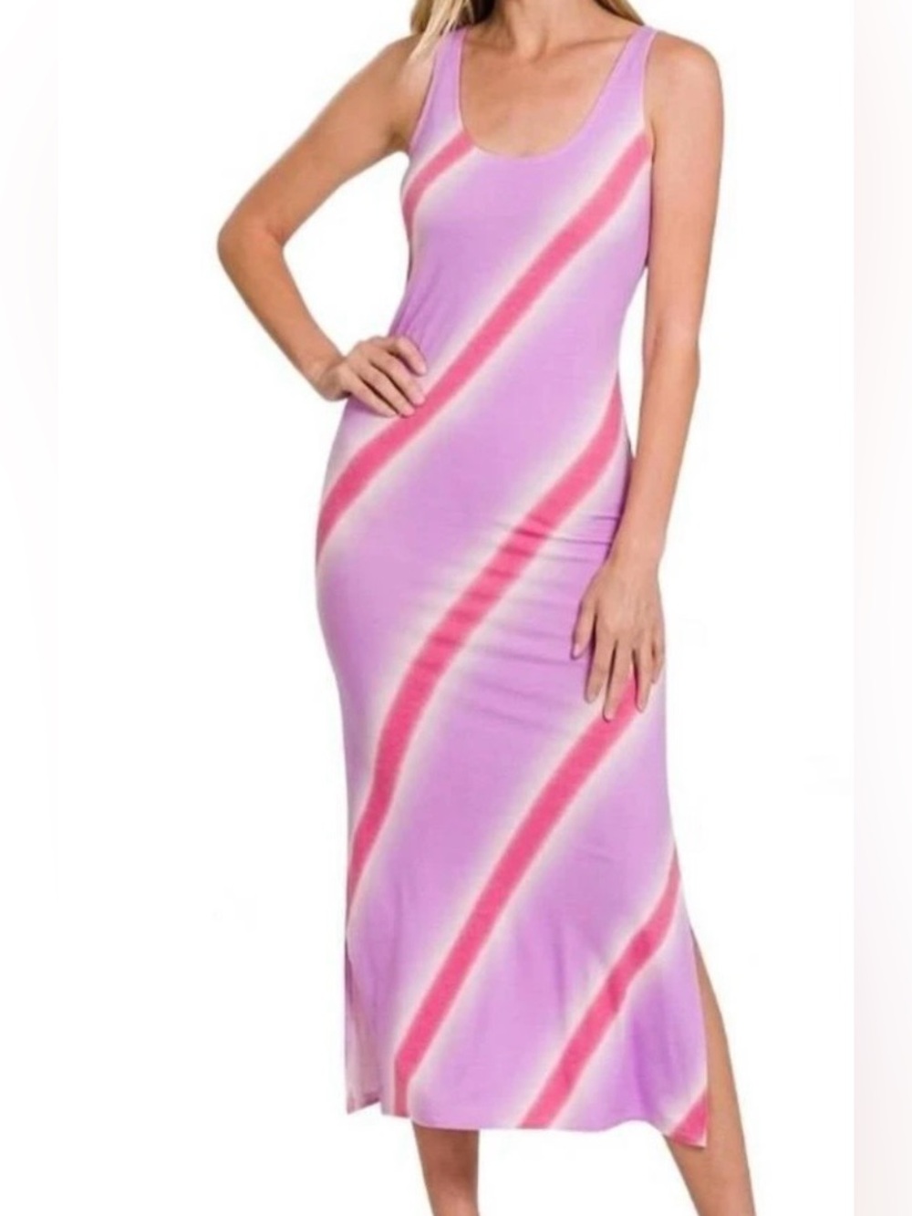 Zenana Outfitters Pink and Light Purple Diagonal Stripe Midi Dress